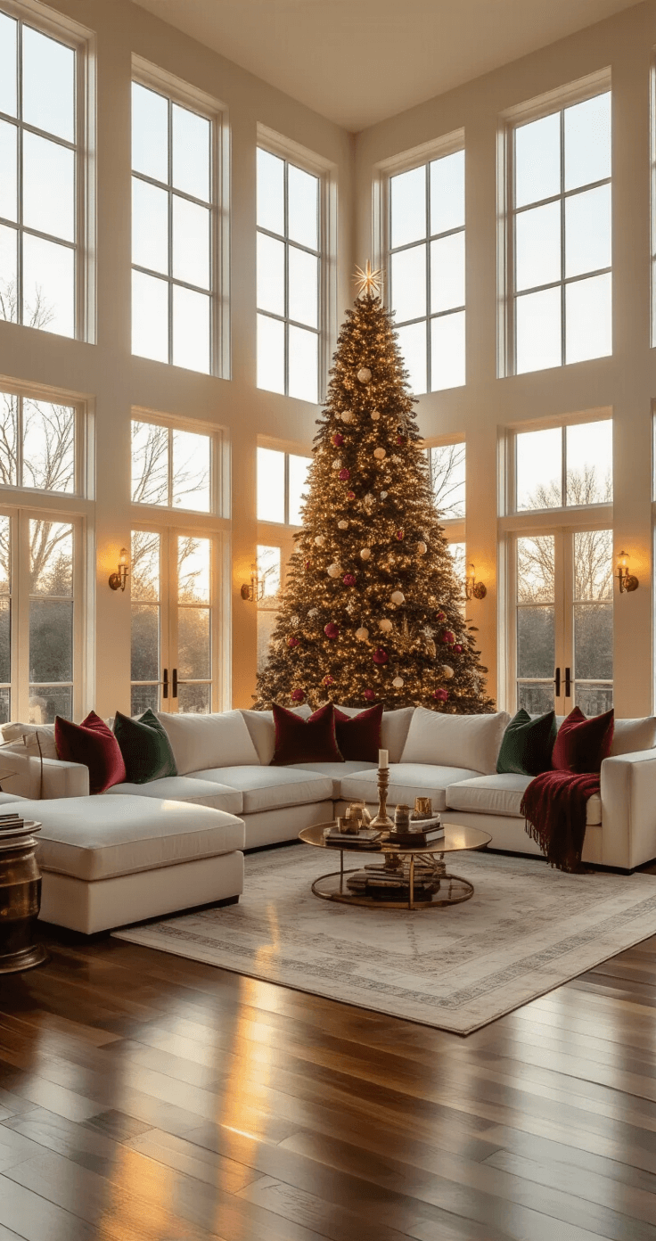 Magical Christmas Tree Wallpapers: Your Ultimate Guide to Festive Digital Backgrounds A spacious living room during golden hour with a large Christmas tree in the corner, vintage ornaments, and warm lighting; cream sectional sofa with colorful pillows and reflective hardwood floors, captured from the doorway in a warm, nostalgic atmosphere.