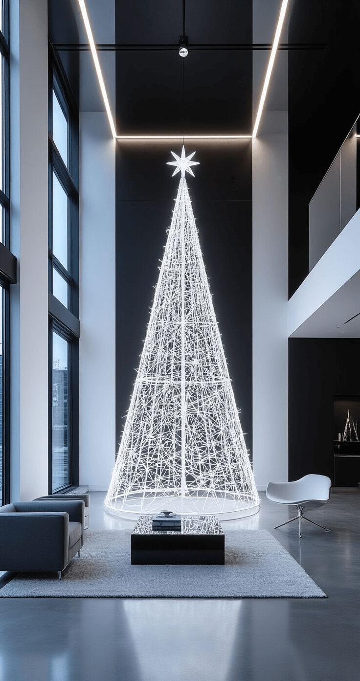 Magical Christmas Tree Wallpapers: Your Ultimate Guide to Festive Digital Backgrounds A modern minimalist open concept space at midnight, featuring a sculptural 7ft white wire-frame Christmas tree illuminated in a room with matte black walls and polished concrete floors. Geometric light patterns from LED strips complement chrome and glass furniture, while monochromatic grey textiles add texture. The ultra-wide angle shot from floor level captures architectural details in cool blue-white lighting.