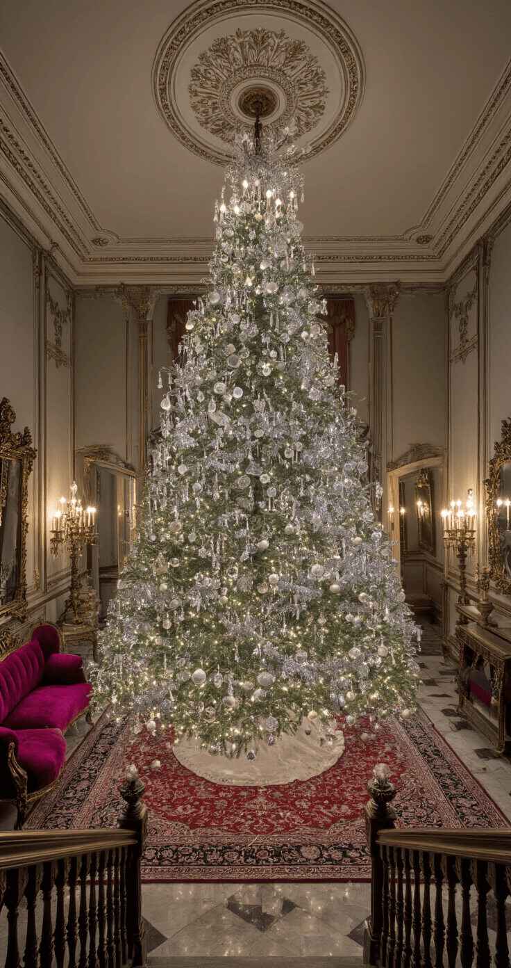 Magical Christmas Tree Wallpapers: Your Ultimate Guide to Festive Digital Backgrounds A grand Victorian parlor at dusk, featuring a spectacular 12ft tree adorned with crystal ornaments and silver tinsel, surrounded by ornate crown molding, marble floors with Persian rugs, and jewel-toned velvet furnishings, all illuminated by antique silver candlesticks and mirrors, with dramatic side lighting emphasizing texture, viewed from an elevated staircase landing.