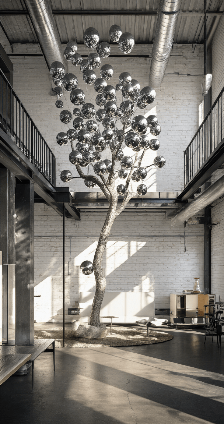 Magical Christmas Tree Wallpapers: Your Ultimate Guide to Festive Digital Backgrounds A contemporary loft space with white brick walls and dark stained concrete floors, featuring an 8ft abstract tree made of floating metallic spheres. Industrial elements like exposed ductwork contrast with luxe materials, and natural light from skylights casts dramatic shadows, captured from a low angle for a striking vertical perspective.