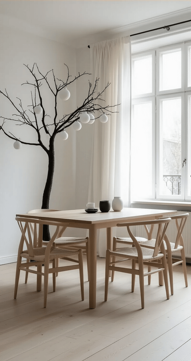 Magical Christmas Tree Wallpapers: Your Ultimate Guide to Festive Digital Backgrounds A Scandinavian-inspired dining room with bleached oak floors and white walls, featuring a minimalist black tree adorned with white ceramic ornaments. The space showcases simple furniture lines, natural linen textiles, and matte black accents, illuminated by bright morning light filtering through sheer curtains. The high camera angle captures a geometric composition.