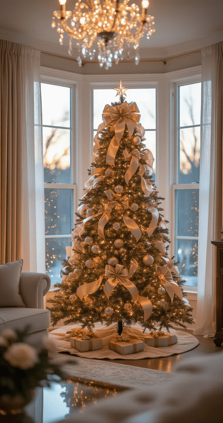 A cozy living room at dusk, featuring a 9ft noble fir Christmas tree in a bay window, adorned with oversized champagne satin bows and cascading ribbons in rose gold and cream. Golden hour light filters through sheer curtains, illuminating the elegant decorations, while ambient lighting from a crystal chandelier adds sparkle to metallic ornaments. The shot captures the tree's reflection in an adjacent window, with a bokeh effect enhancing the scene's depth.