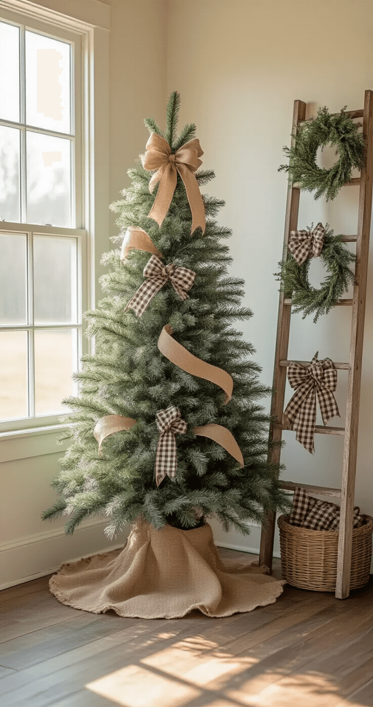An intimate corner setting in early morning light features a 7ft flocked pine decorated in rustic farmhouse style, showcasing handcrafted burlap and plaid bows on whitewashed branches, with natural light highlighting texture contrasts. A vintage ladder display holds smaller coordinating bows, against a backdrop of weathered wood floors and cream walls adorned with vintage metal accents.