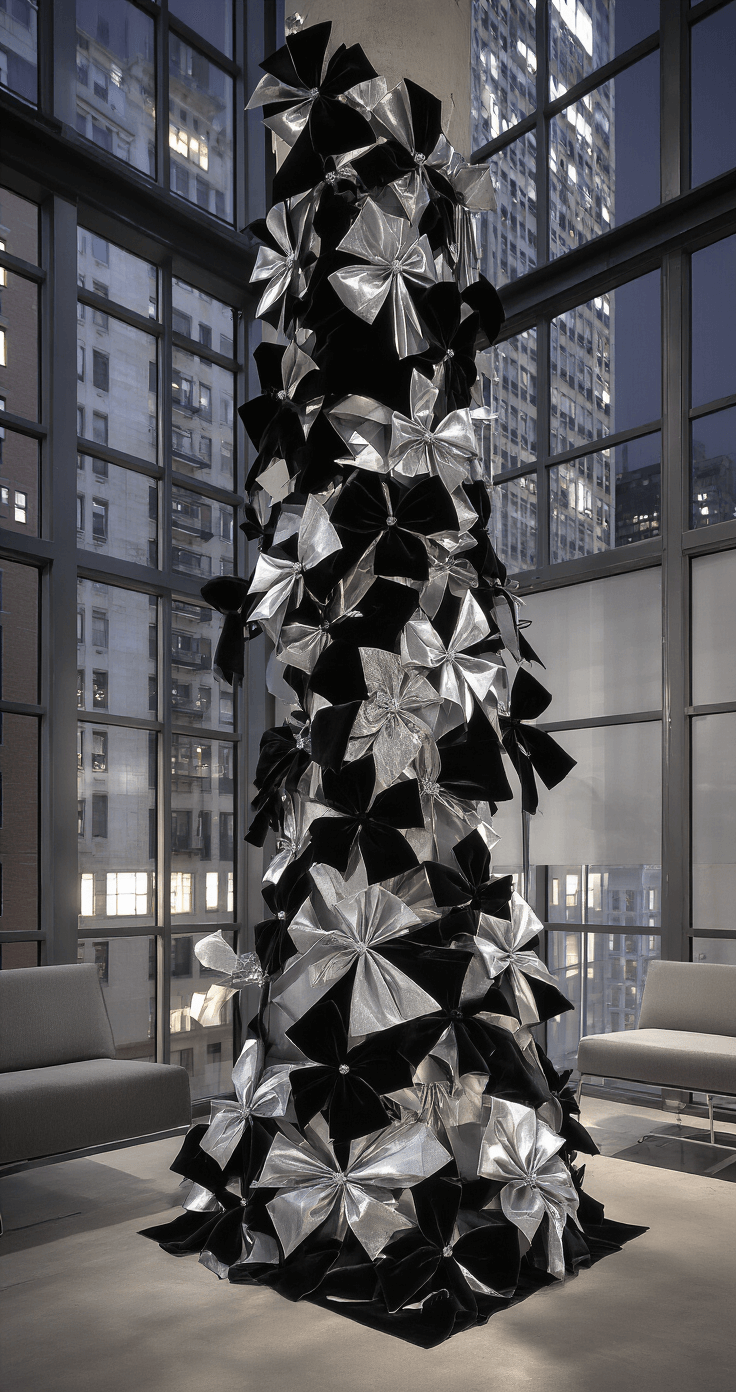 A modern metropolitan loft space at night, featuring a dramatic 12ft slim tree decorated with architectural black velvet and silver metallic bows, set against industrial windows showcasing city lights. The scene captures vertical lines and height, with LED uplighting casting dramatic shadows on minimalist grey and chrome furniture, highlighting the bow textures.