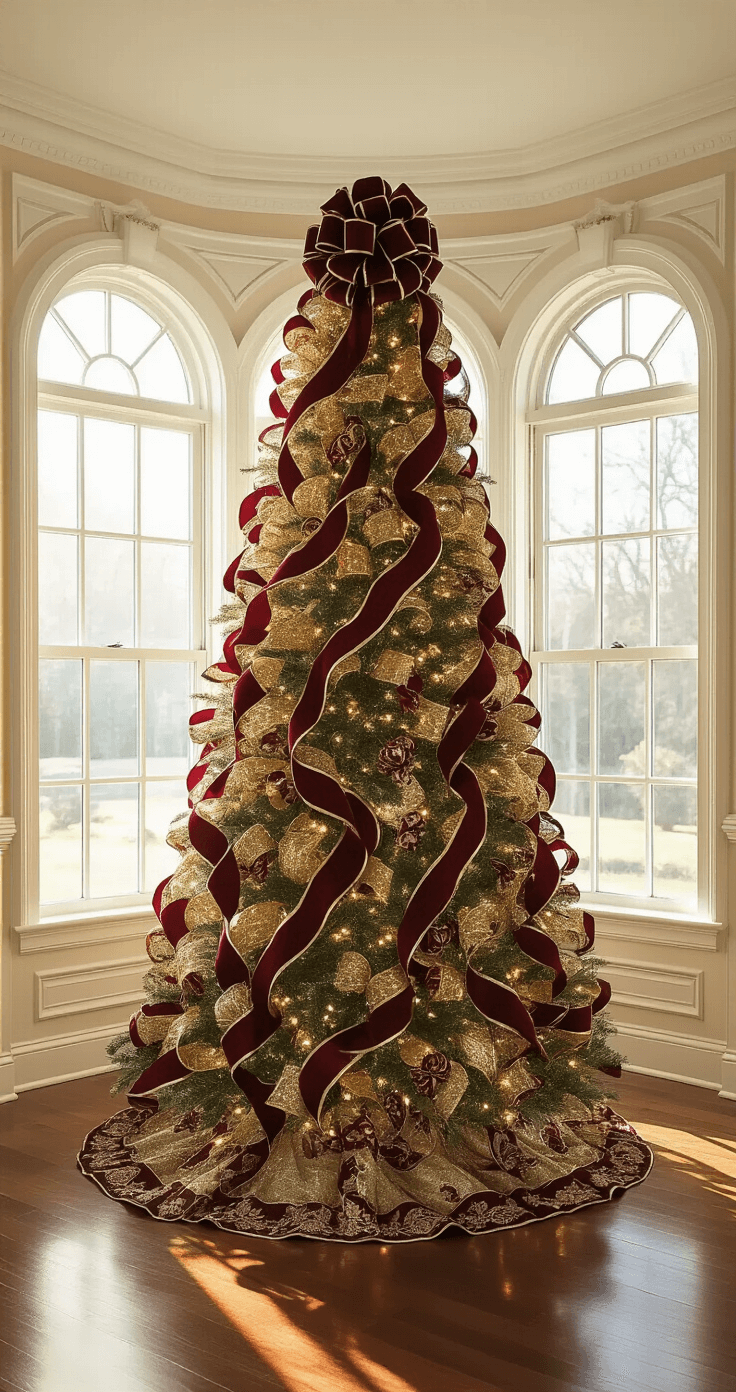 A traditional formal living room featuring an 8ft Fraser fir decorated with deep burgundy and gold multi-loop satin bows, set in a classical bay window with warm sunlight filtering through, rich hardwood floors reflecting the light, and crystal and brass accents enhancing the decor, captured from a 45-degree angle to highlight the ribbon details.