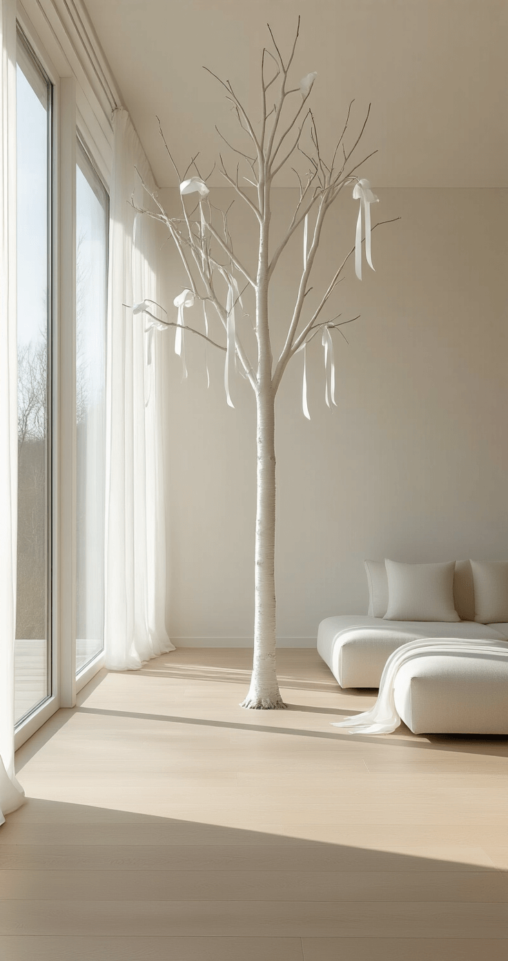 A serene Scandinavian-inspired space featuring a 6ft white tree illuminated by morning light, with floor-to-ceiling windows, pale wood floors, and minimalist decor, highlighted by silk bows and geometric accents.
