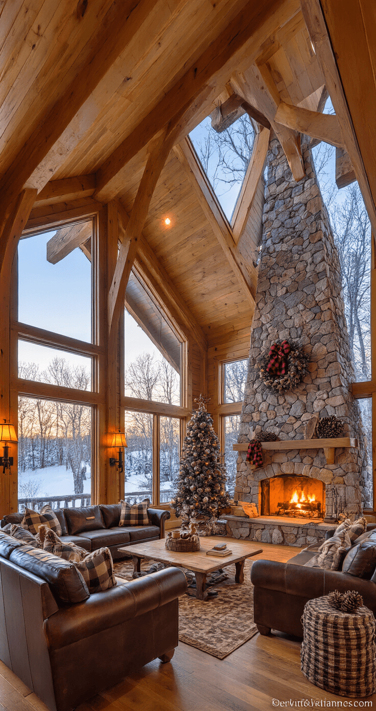 A warm, rustic great room in a mountain cabin at sunset, featuring natural pine walls, a stone fireplace, massive windows showing a snow-covered landscape, and a decorated tree with buffalo check and burlap accents; low-angle view highlighting the cathedral ceiling and heavy timber elements, with leather furniture illuminated by firelight.