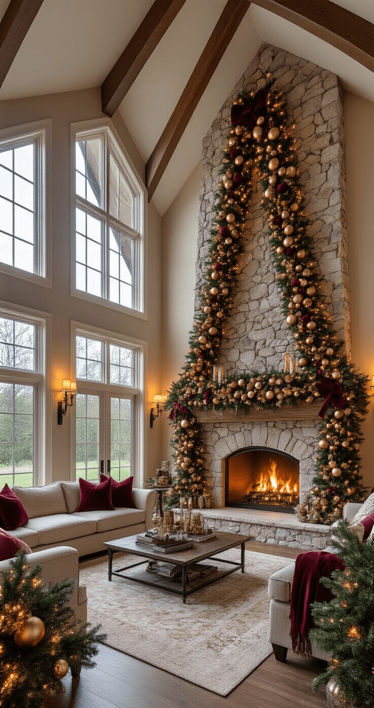 Magical Garland Christmas Decor: Transform Your Home with Festive Flair A grand living room with a cathedral ceiling, featuring a stone fireplace adorned with a lush garland of pine and cedar, embellished with LED lights, ribbons, and ornaments, captured at dusk with natural light filtering through tall windows.