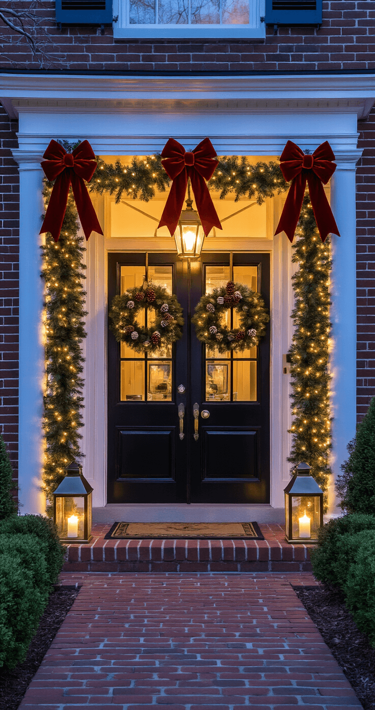 Magical Garland Christmas Decor: Transform Your Home with Festive Flair Colonial-style entrance featuring double doors framed by pine and boxwood garland with red velvet bows, frosted pinecones, and warm LED lights, illuminated by brass lanterns, set against a cool twilight sky.