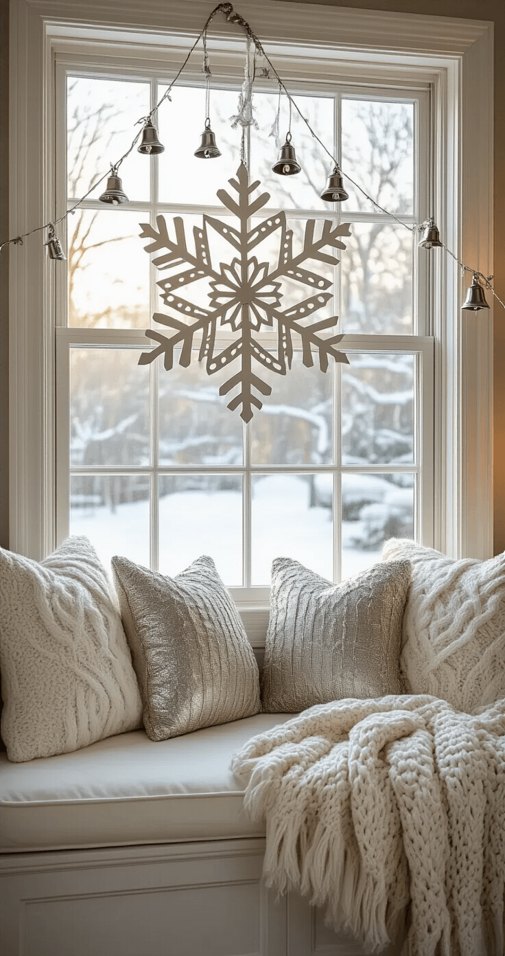 Magical Garland Christmas Decor: Transform Your Home with Festive Flair Cozy window nook featuring plush ivory cushions and cable knit throws, adorned with whimsical snowflake and silver bell garland, illuminated by late afternoon winter light and a warm table lamp.