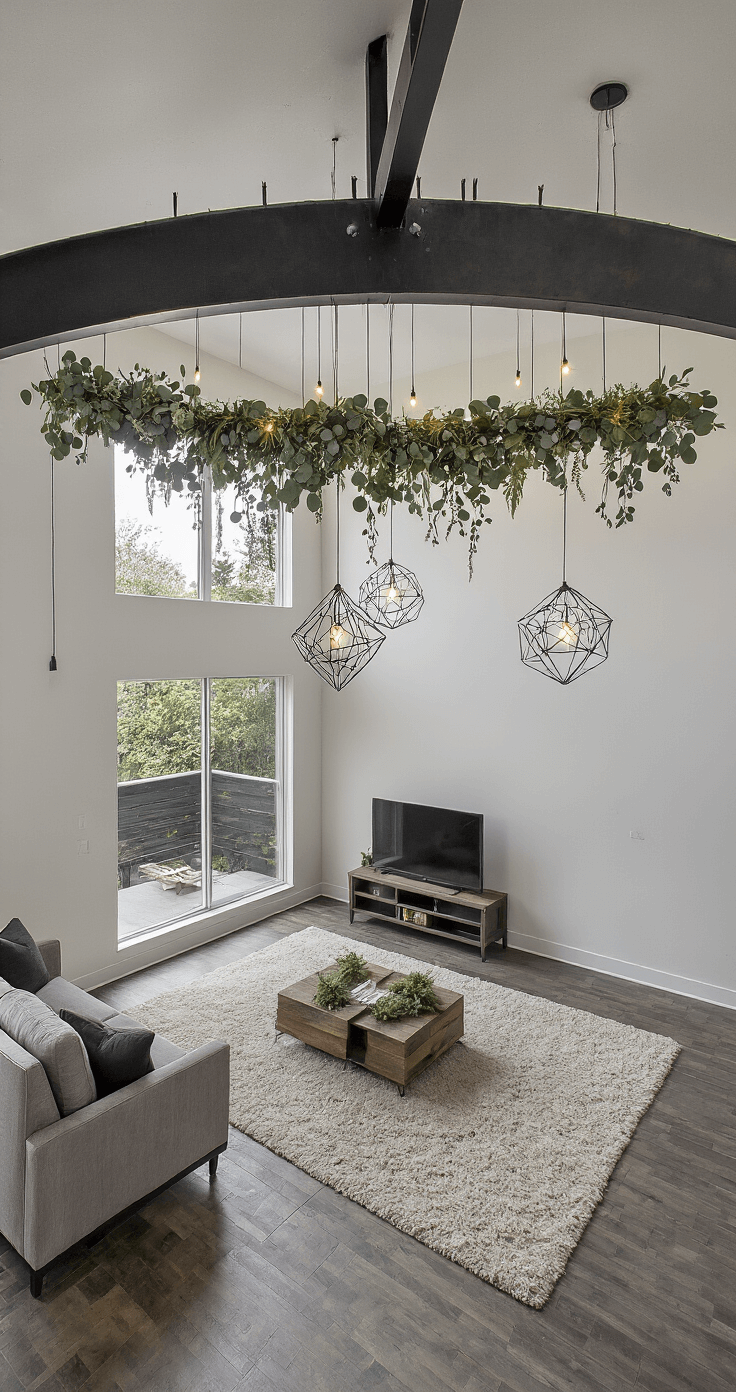 Magical Garland Christmas Decor: Transform Your Home with Festive Flair A spacious contemporary open-concept great room featuring industrial elements, highlighted by a dramatic black metal ceiling beam decorated with an asymmetrical garland of silver dollar eucalyptus, air plants, and geometric metal ornaments, illuminated by ethereal LED wire lights, all captured from an elevated perspective.