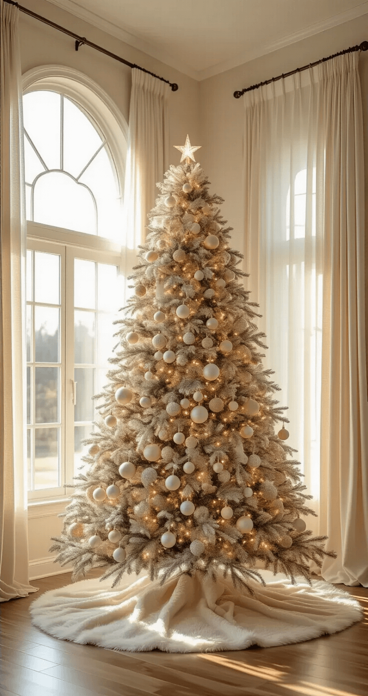 Creating a Stunning Neutral Christmas Tree: A Modern Decor Guide A spacious living room with 12ft ceilings features a 9ft flocked Christmas tree adorned with cream, champagne, and white ornaments, set against large arched windows. Soft white lights illuminate the tree, while warm sunlight filters through sheer linen curtains. The scene captures a plush ivory faux fur tree skirt and organic elements like wooden bead garlands and frosted pinecones, all highlighted by natural and warm LED lighting.