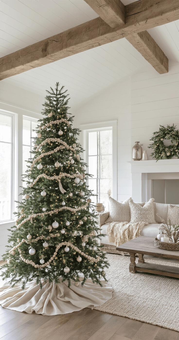 Creating a Stunning Neutral Christmas Tree: A Modern Decor Guide A close-up view of a modern farmhouse great room featuring exposed wooden beams and a 7.5ft green spruce decorated with matte white, natural wood, and champagne ornaments, handwoven wool garlands, metallic beaded strands, and vintage mercury glass ornaments, all illuminated by soft diffused natural light. A raw linen tree collar adds rustic elegance to the scene.