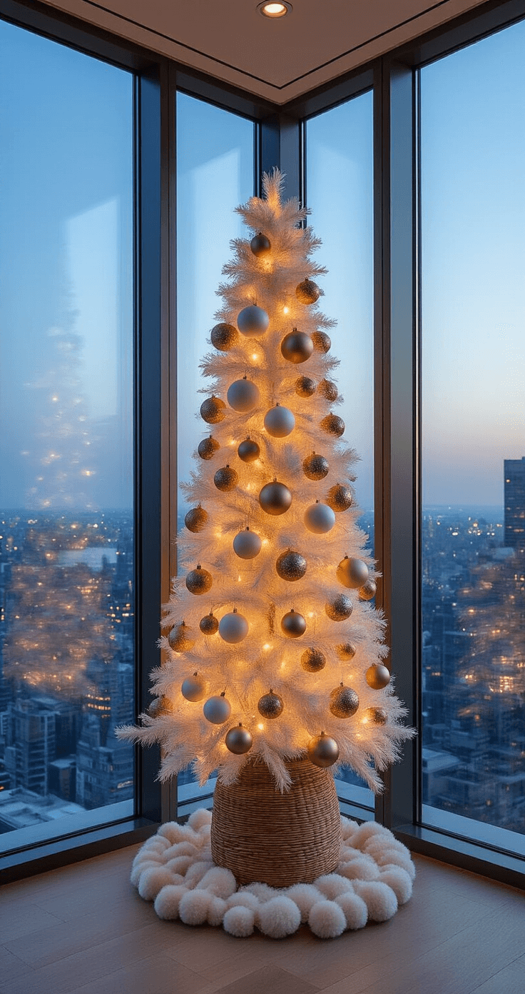 Creating a Stunning Neutral Christmas Tree: A Modern Decor Guide A minimalist penthouse corner with 10ft floor-to-ceiling windows at dusk, featuring an 8ft slim artificial tree adorned with cream and gold baubles, geometric brass ornaments, and soft wool pom-poms, all placed in a woven seagrass basket, with a modern brass floor lamp casting ambient light.