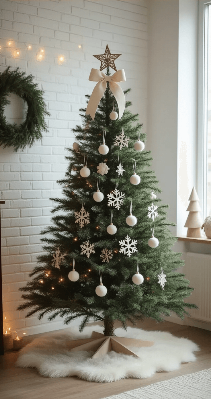 Creating a Stunning Neutral Christmas Tree: A Modern Decor Guide A cozy Scandinavian-inspired loft interior featuring a white brick accent wall, illuminated by warm practical lights in the evening. An 8ft slim Christmas tree adorned with handcrafted felt ornaments in winter white and oatmeal, wooden snowflakes, and paper stars stands on a natural sheepskin tree skirt, creating a hygge atmosphere. The scene showcases a medium shot with shallow depth of field, emphasizing the twinkling lights and festive decor.