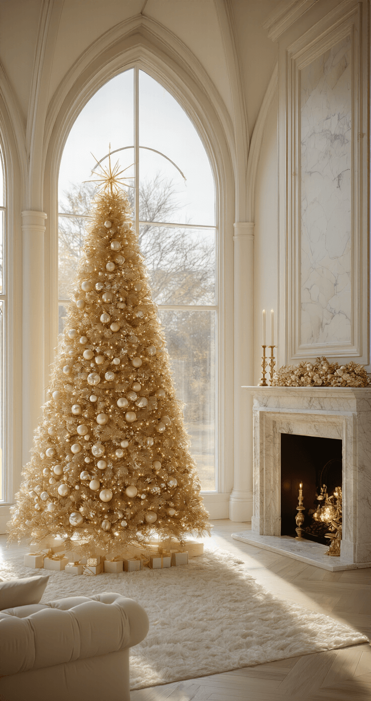 A luxurious living room with cathedral ceilings features a 9ft gold metallic Christmas tree in a bay window, adorned with graduated champagne and pearl ornaments, illuminated by warm afternoon sunlight. Plush cream velvet furnishings and a marble fireplace with gold accents complete the elegant setting, with cool white LED uplighting enhancing the tree's sparkle.