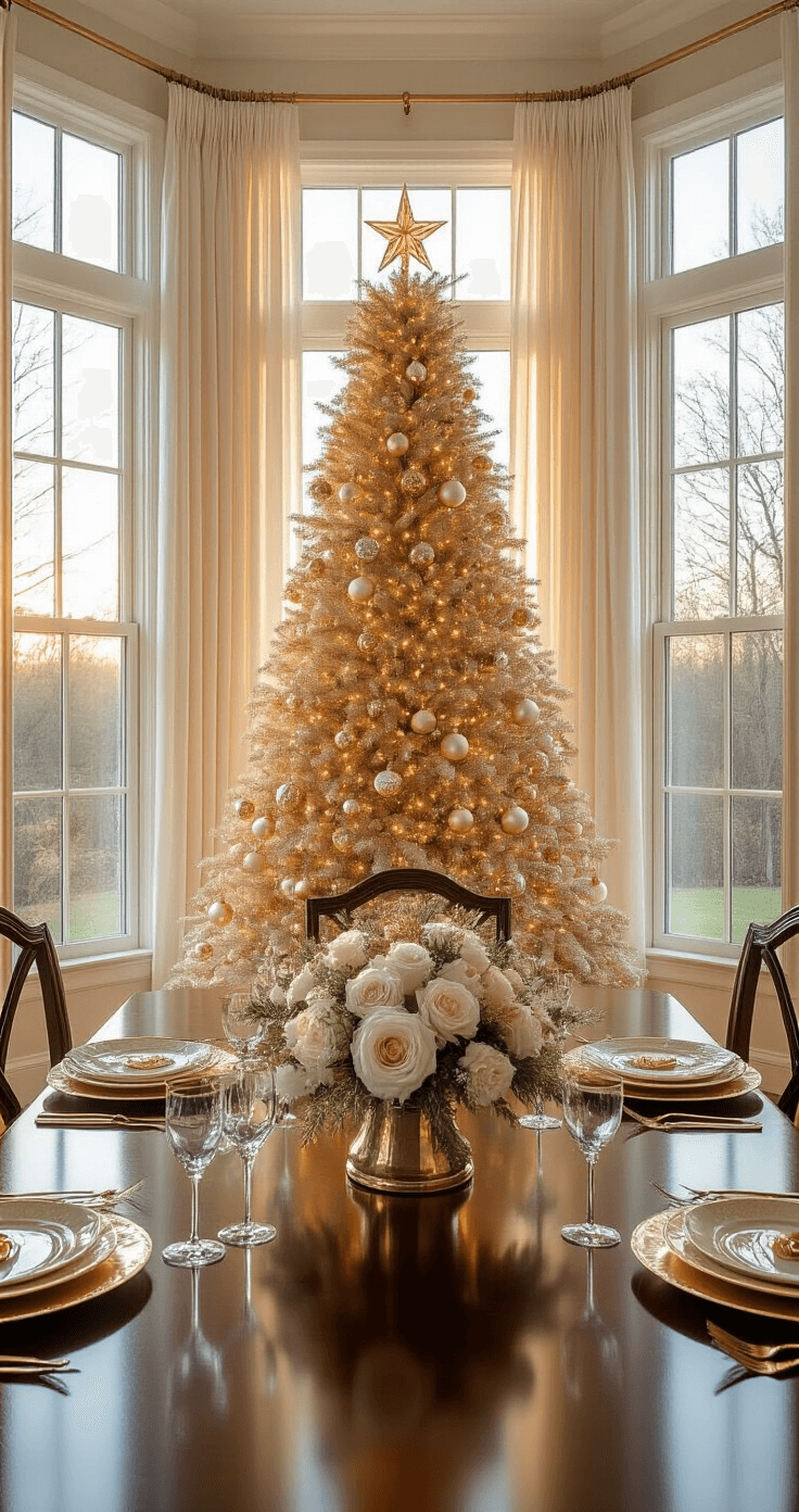 Elegant formal dining room at golden hour featuring a slim gold Christmas tree with an ombré design, vintage ornaments, and a mahogany dining table set with gold chargers, illuminated by natural and warm artificial light.