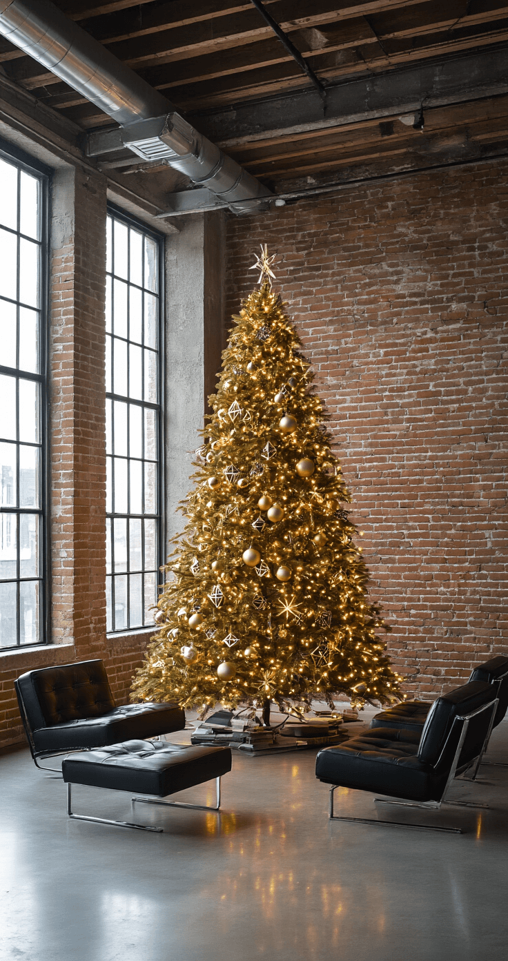 Modern open-concept loft with 14ft concrete ceilings, featuring a 7ft matte gold Christmas tree adorned with geometric metallic ornaments and LED string lights, set against an exposed brick wall. The minimalist black leather furniture and chrome accents enhance the industrial feel, while early morning light streams through warehouse windows, casting dramatic shadows.