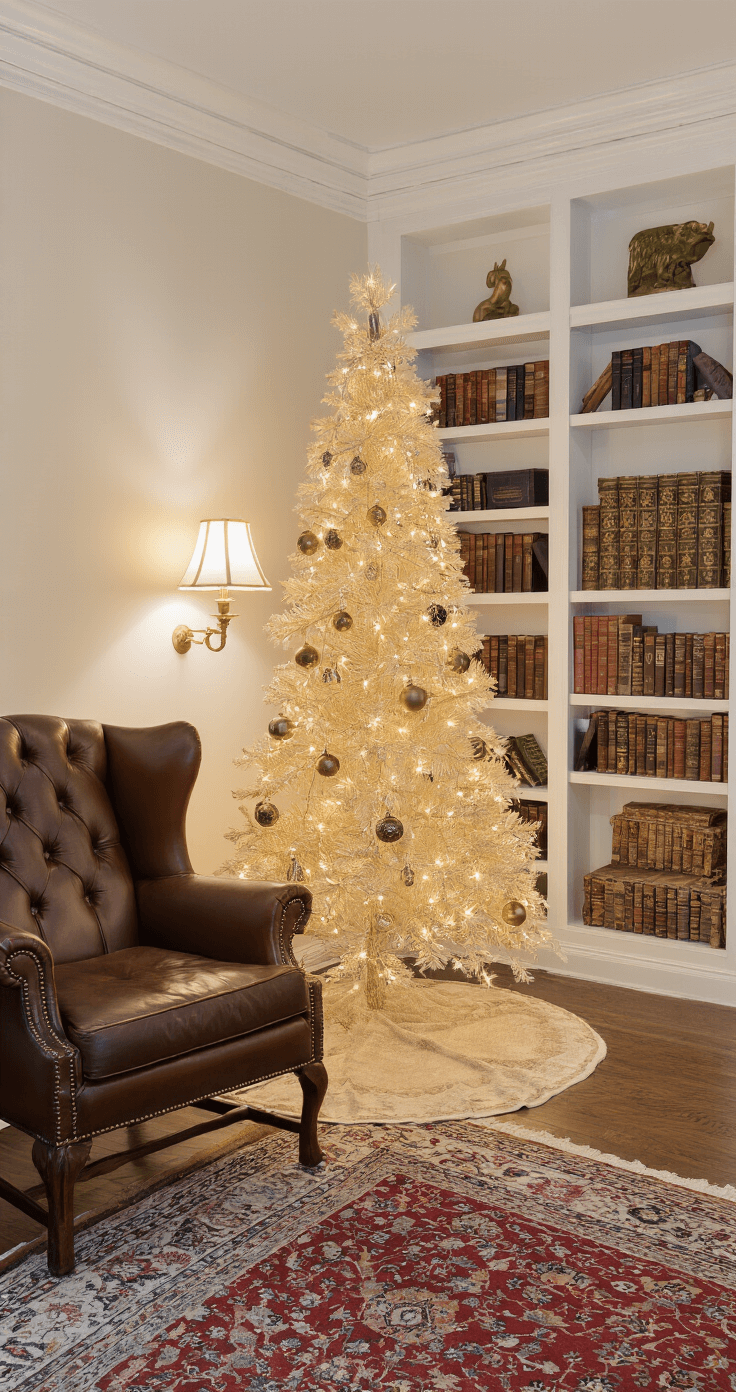 A cozy den featuring traditional crown molding and built-in bookshelves, with a 5ft champagne-gold pencil tree in a reading nook, decorated with vintage brass ornaments and warm white fairy lights. A leather wingback chair and oriental rug add richness, illuminated by ambient lighting from table lamps during blue hour, with a shallow depth of field emphasizing the tree against the atmospheric backdrop of the bookshelves.