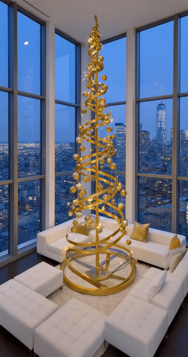 Contemporary great room featuring floor-to-ceiling windows showcasing a city skyline at twilight, with a metallic gold spiral tree adorned with monochromatic gold ornaments as a centerpiece, surrounded by white modular seating and a glass coffee table, illuminated by a mix of cool and warm lighting.