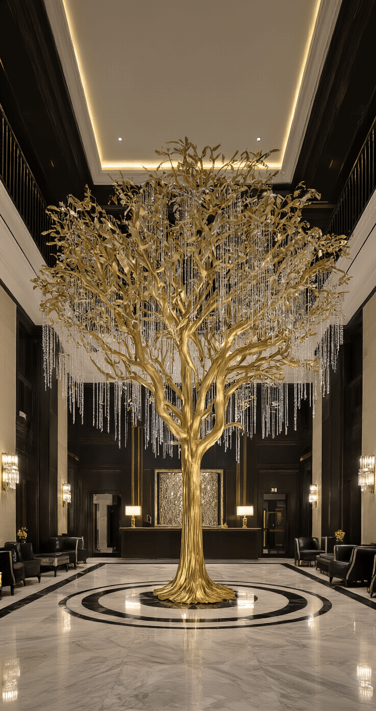 Boutique hotel lobby featuring an 18ft coffered ceiling and marble flooring, with a 10ft slim gold ombré tree adorned with crystal garlands and metallic ribbon at the center. Art deco-inspired black and gold furnishings complement the tree, all illuminated by dramatic uplighting and crystal chandeliers in a night setting.