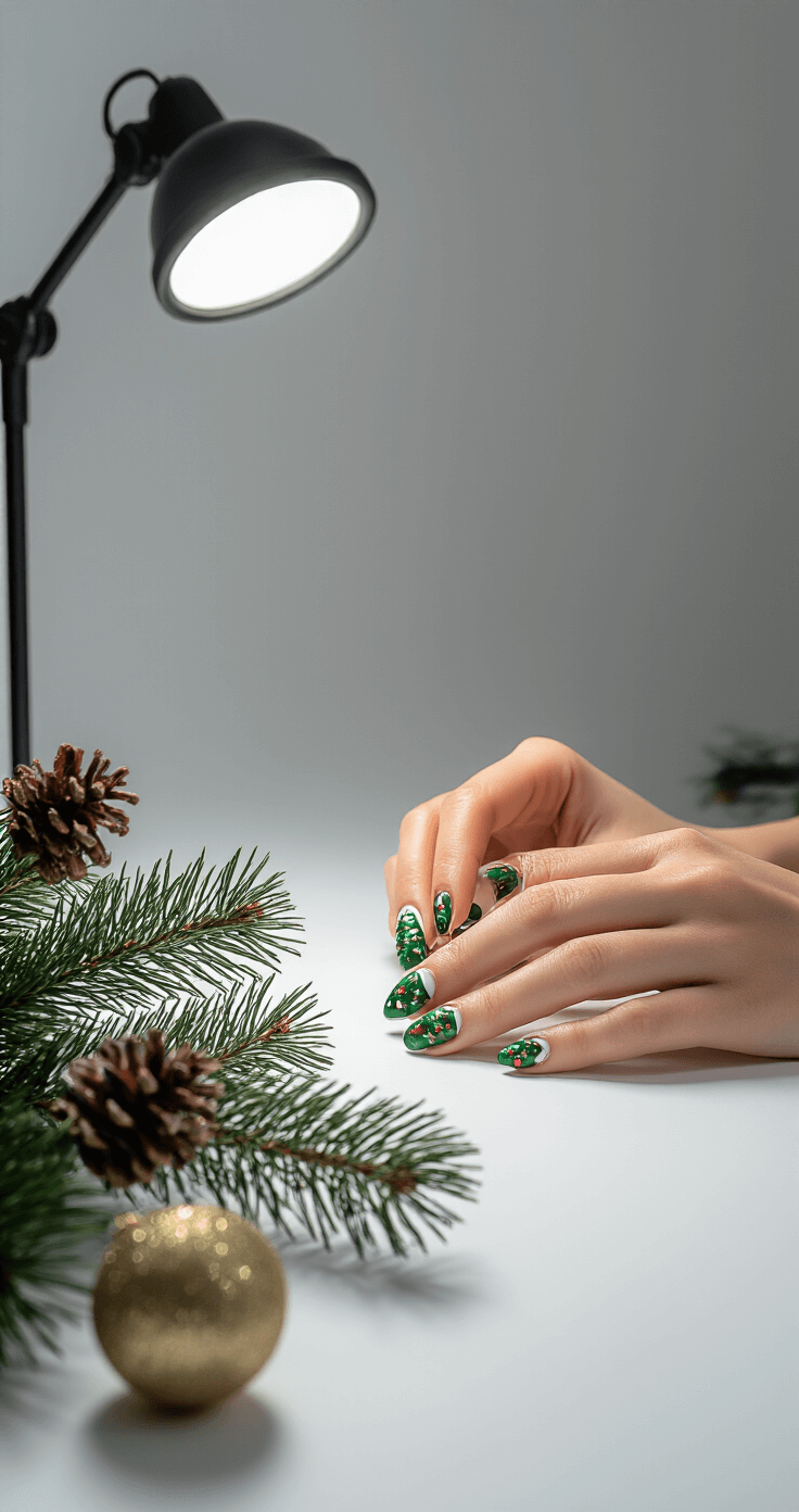 Christmas Tree Nails: Your Ultimate Guide to Festive Nail Art A professional photography setup in an 8x8ft studio featuring a white backdrop, three-point lighting, and a macro lens capturing perfectly manicured nails with Christmas tree designs, complemented by festive props like pine branches and ornaments, shot from a 45-degree angle.