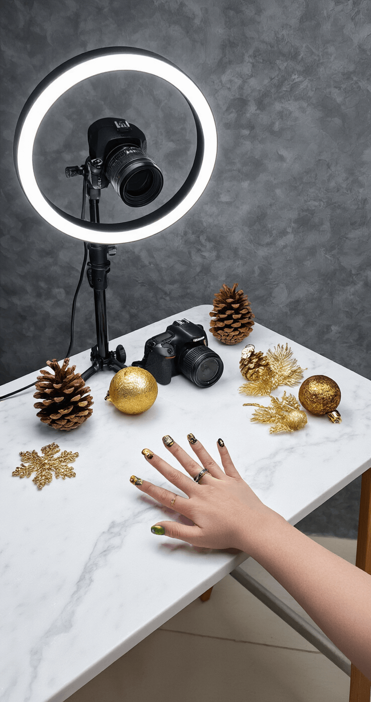 Christmas Tree Nails: Your Ultimate Guide to Festive Nail Art A well-designed nail photography station with a white marble table, overhead ring light, DSLR camera on a tripod, and a textured cool grey backdrop, featuring props like pine cones and vintage ornaments for artistic nail art presentations.