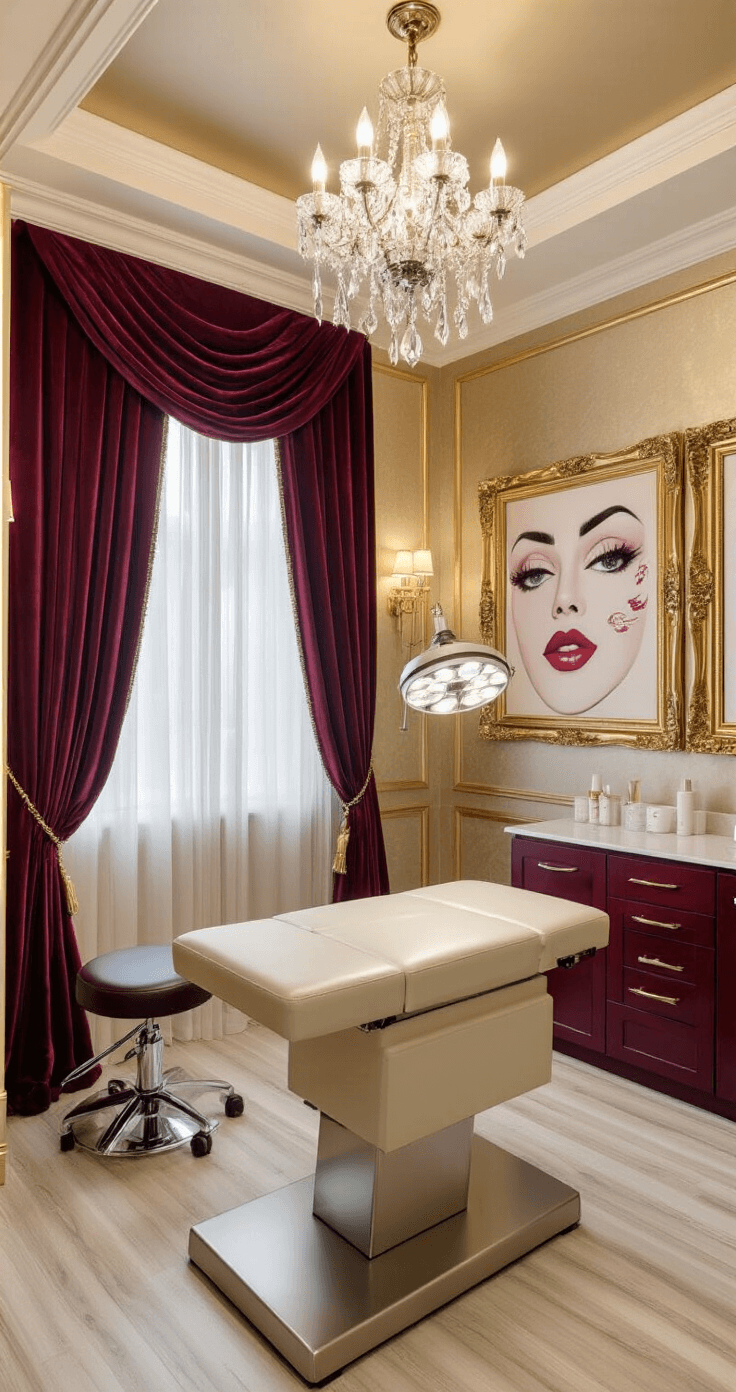 Christmas Tree Nails: Your Ultimate Guide to Festive Nail Art Luxury salon treatment room adorned with a crystal chandelier above a custom manicure table, featuring rich burgundy velvet drapes, gold-framed mirrors displaying vintage nail art, and accented by champagne metallic touches, all illuminated by warm, inviting lighting.