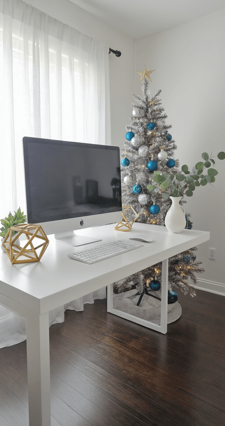 Small Christmas Tree: The Ultimate Compact Holiday Decor Guide Modern home office with white walls, dark hardwood floors, and morning light filtering through sheer curtains; features a pre-lit artificial tree, sleek monitor, and geometric brass accessories.