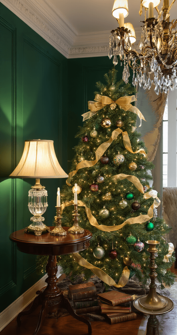 Small Christmas Tree: The Ultimate Compact Holiday Decor Guide A formal Victorian parlor featuring deep emerald walls, a 3ft traditional artificial Christmas tree with vintage glass ornaments on a mahogany side table, accented by a crystal lamp, antique books, and brass candlesticks, illuminated by chandelier lighting for a rich, elegant atmosphere.
