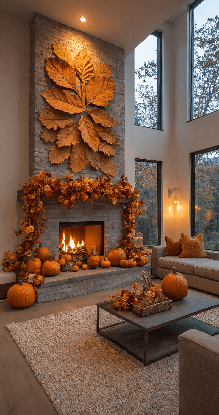 Cozy Fall DIY Home Decor: Transform Your Space on a Budget A wide shot of a modern open-concept living space at dusk, featuring a 20ft great room adorned with oversized pressed leaf art, pumpkin vases, and handcrafted garland around a floor-to-ceiling fireplace, illuminated by warm ambient lighting in rich autumn colors with metallic accents.