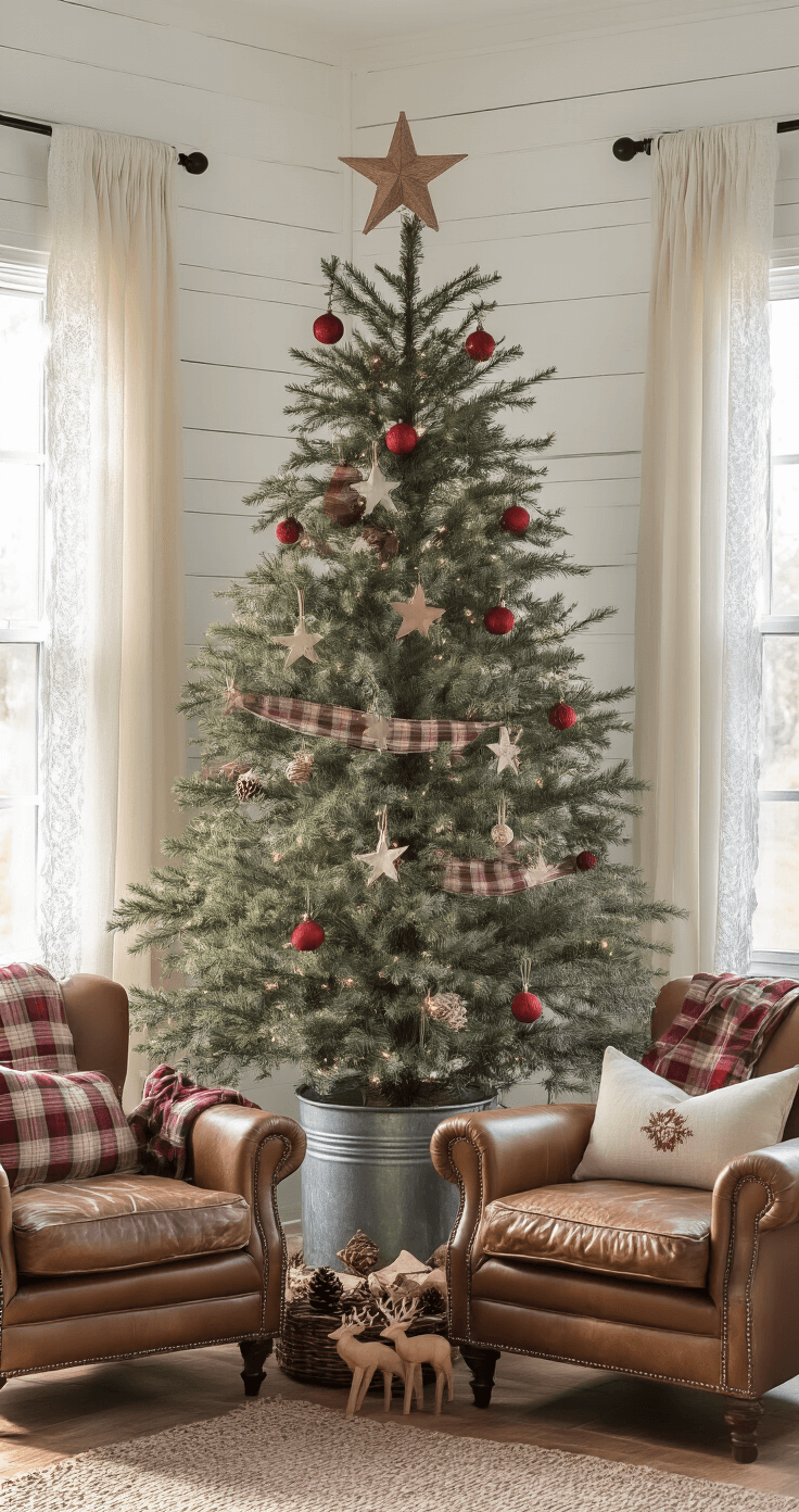 Crafting the Perfect Farmhouse Christmas Tree: A Cozy Holiday Guide A cozy farmhouse family room featuring white shiplap walls, a 7ft natural pine tree decorated with ceramic ornaments and red baubles, flanked by weathered leather armchairs. Late afternoon sunlight filters through lace curtains, casting shadows, while a galvanized metal bucket holds the tree, and wooden reindeer figures and pinecones are scattered around, creating a warm, nostalgic ambiance.
