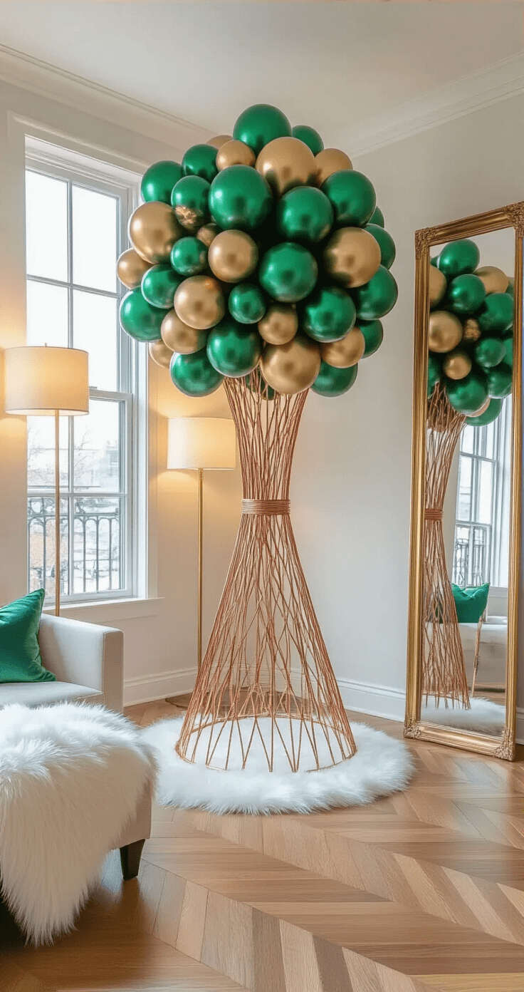 A stylish boutique apartment living room featuring herringbone hardwood floors and ambient lighting, showcasing an 8-foot balloon tree on a copper trellis adorned with metallic green and gold balloons, complemented by a white faux fur tree skirt and a brass floor mirror reflecting the vibrant decor.