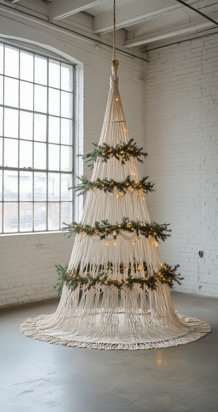 A cozy artist's loft featuring an industrial window, white brick walls, and concrete floors, with an eye-catching 6-foot macramé Christmas tree wall hanging adorned with eucalyptus sprigs and tiny LED lights, capturing a bohemian holiday atmosphere.