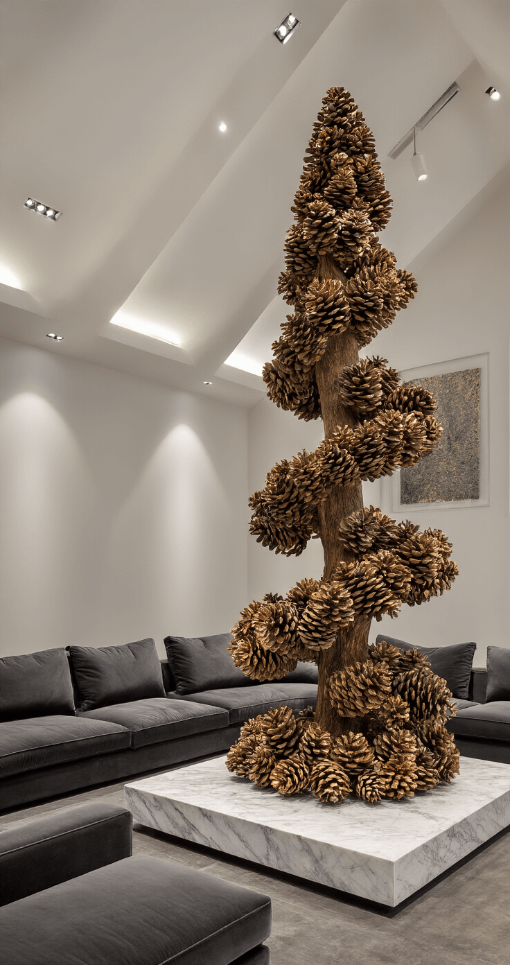 A contemporary family room with a cathedral ceiling features dusk lighting and spotlights, showcasing a 5' pinecone tree on a marble pedestal, surrounded by naturally aged pinecones arranged in a spiral, dusted with gold mica powder. A charcoal velvet sectional contrasts elegantly with the organic centerpiece.