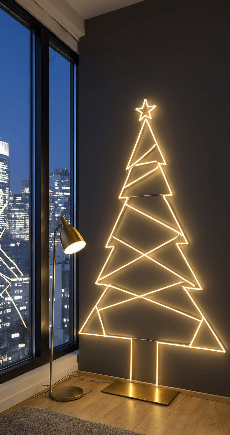 A cozy urban studio apartment at night featuring floor-to-ceiling windows with a city lights backdrop. A geometric LED string light installation resembling a modern Christmas tree is displayed on a charcoal wall, while a brass floor lamp casts warm accent lighting, creating a contemporary holiday atmosphere.