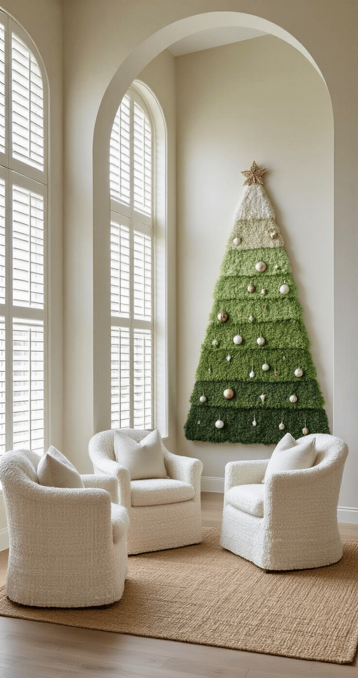 A softly lit transitional living space featuring archways and plantation shutters, showcasing a 7-foot felt wall-hanging tree in ombré greens adorned with handcrafted ornaments and metallic threading. Framed by ivory boucle chairs and a jute rug, the scene captures a serene, artisanal holiday atmosphere.