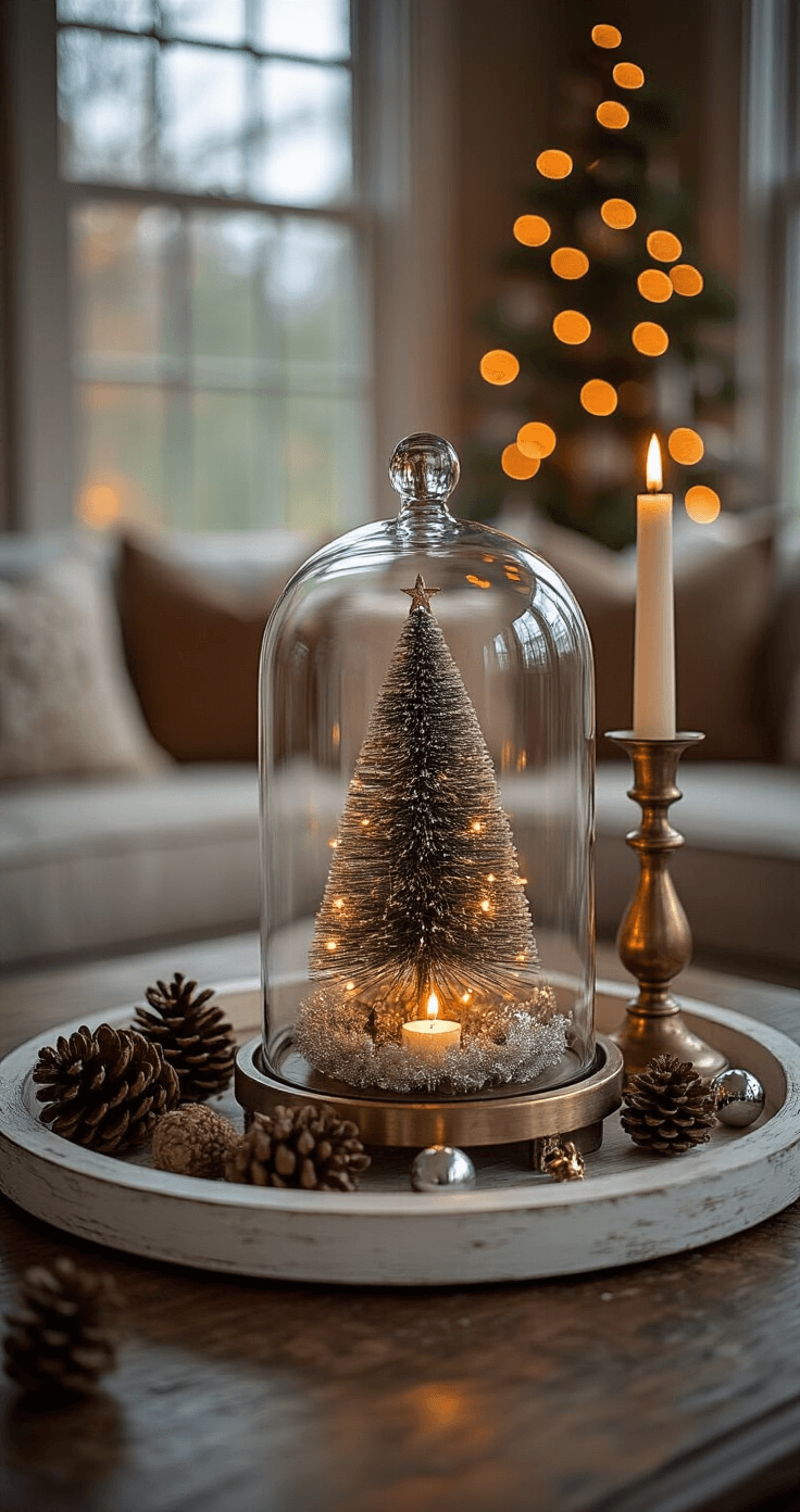Creating a Magical Christmas Coffee Table Display: Your Ultimate Styling Guide Intimate close-up of a traditional living room coffee table vignette at dusk, featuring a weathered white wooden tray with a mercury glass cloche containing a miniature Christmas tree, vintage brass candlesticks, scattered pinecones, and silver bells, illuminated by a mix of natural and warm LED candlelight, with a soft bokeh background.