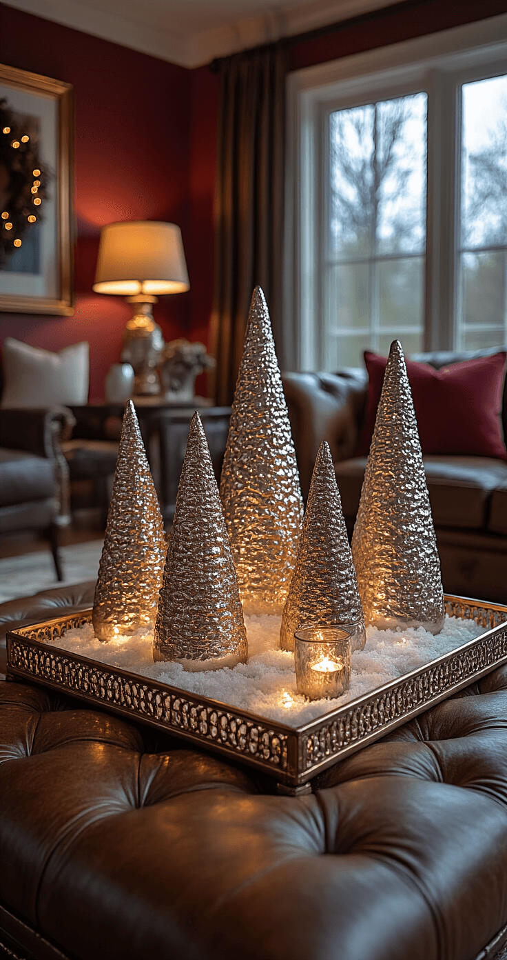 Creating a Magical Christmas Coffee Table Display: Your Ultimate Styling Guide Moody evening scene of a luxurious living room featuring a leather ottoman as a coffee table, adorned with a gold metal tray holding mercury glass trees in faux snow, illuminated by twinkling warm white lights, with rich jewel-toned colors in the background.
