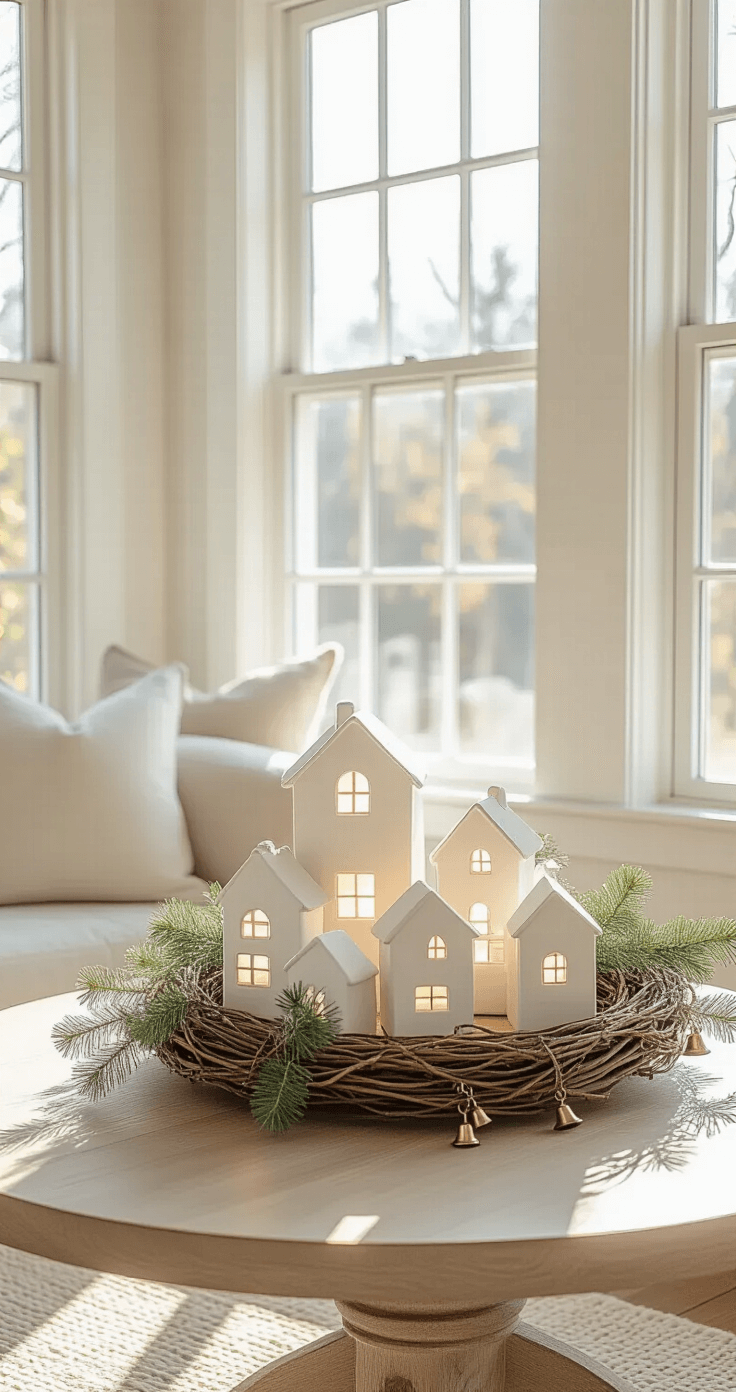 Creating a Magical Christmas Coffee Table Display: Your Ultimate Styling Guide A sunlit breakfast room with a round bleached oak coffee table adorned with a natural grape vine wreath, white ceramic houses illuminated from within, fresh eucalyptus and pine branches, and scattered brass bells, all captured from above at a 30-degree angle, highlighting a bright and airy atmosphere.