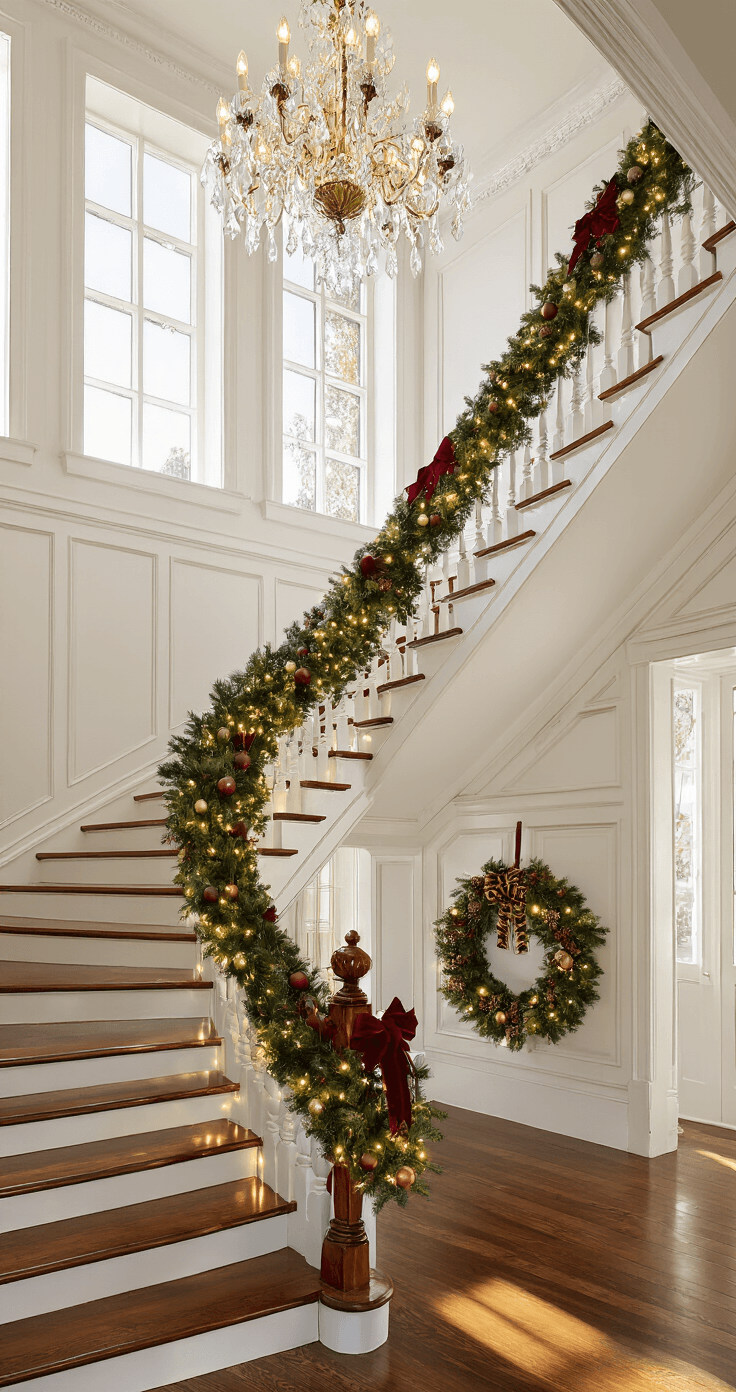 An elegant Victorian staircase adorned with pine garland, red velvet bows, and vintage ornaments, illuminated by sunlight streaming through tall windows, creating a warm and grand holiday atmosphere.