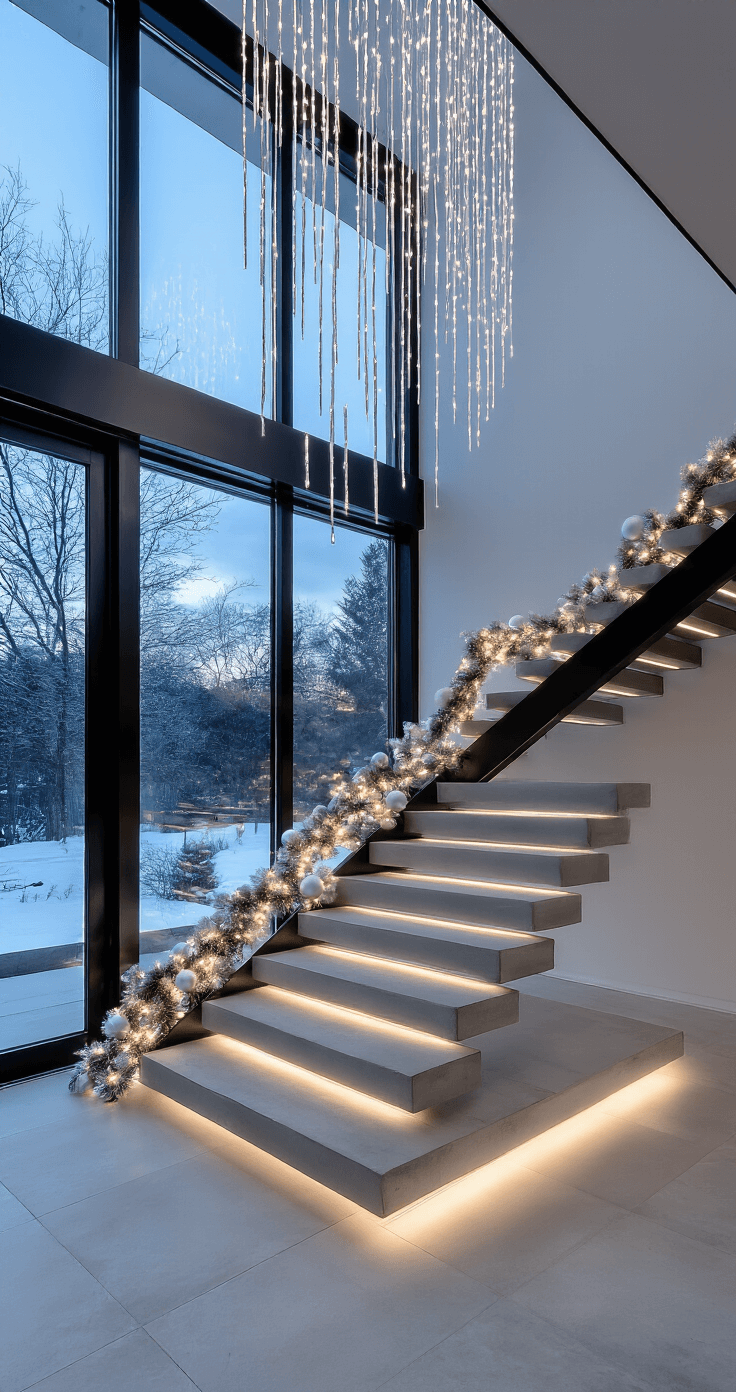 A sophisticated modern minimalist entryway featuring floating concrete stairs with matte black metal railings adorned in white-flocked garland. The scene is set at twilight, with 20-foot floor-to-ceiling windows allowing cool blue evening light to illuminate monochromatic silver and white ornaments in geometric patterns. Vertical LED icicle lights create a waterfall effect, while chrome and glass decor elements reflect the ambient glow. Captured from a wide-angle perspective on the second floor, the image highlights clean lines and negative space, enhanced by concealed LED strips under each step, evoking a contemporary winter wonderland.