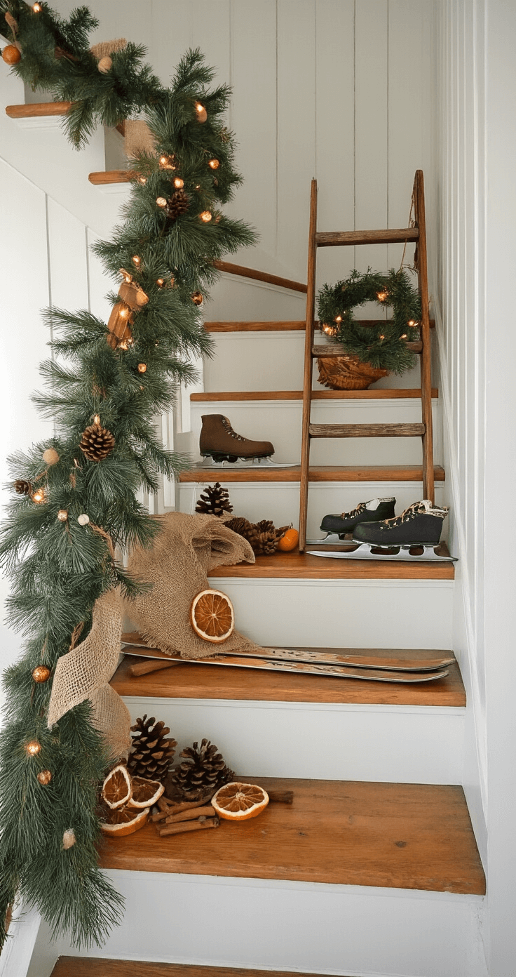 Cozy cottage staircase adorned with rustic mixed pine garland, vintage ski equipment, and ice skates, illuminated by soft morning light and vintage-style Edison bulb string lights, creating a warm, nostalgic country Christmas atmosphere.