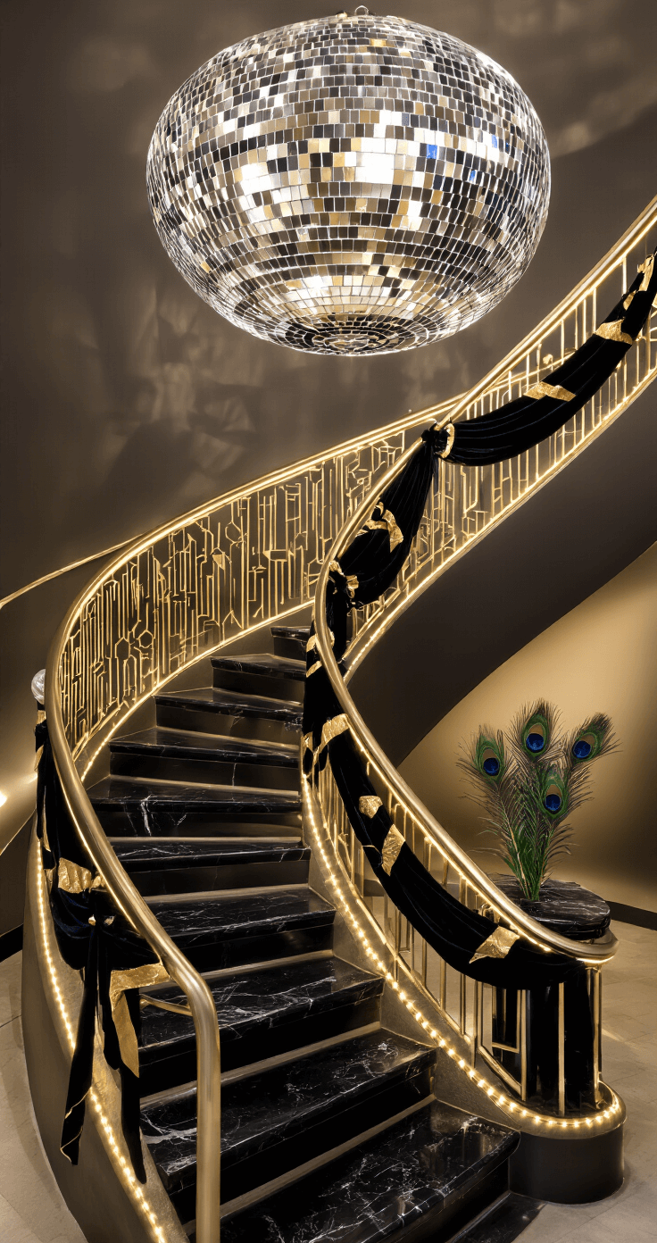 A luxurious Art Deco inspired curved staircase at midnight, featuring black marble steps lit by champagne-gold rope lights, adorned with metallic gold and black garland, oversized mirror ball ornaments, and accented with peacock feathers and black velvet ribbons, captured from a drone perspective to emphasize the spiral pattern and dramatic uplighting.