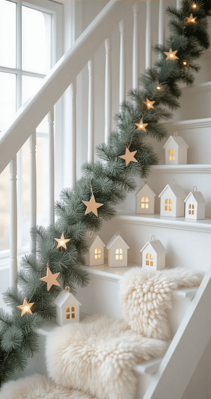 A serene Scandinavian-style staircase bathed in soft morning light, featuring a minimalist eucalyptus and pine garland with wooden stars, white ceramic houses with tiny LED lights, a chunky wool pompom garland, and sheepskin runners on the steps, all captured at eye level with a focus on texture.