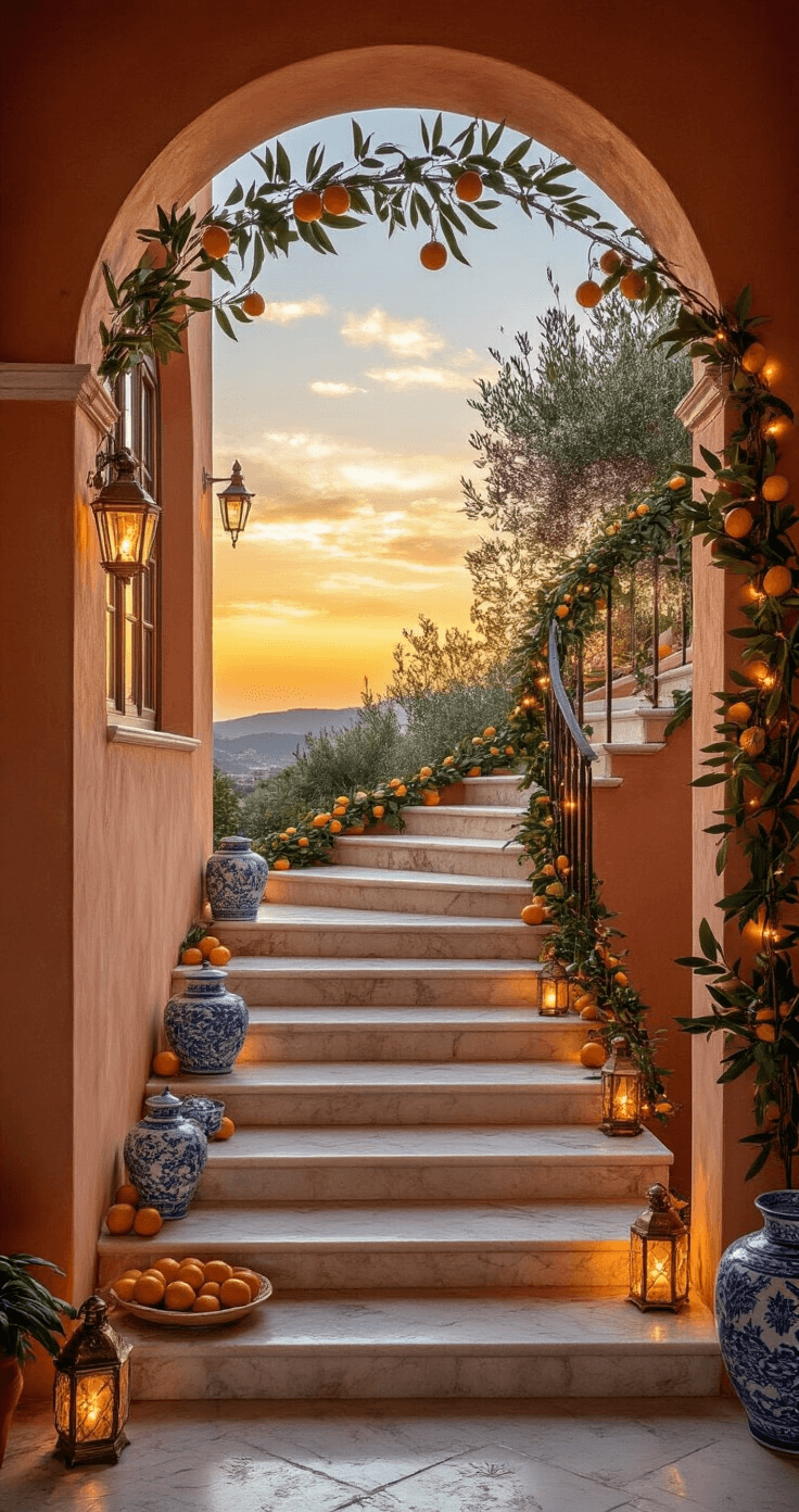 A Mediterranean villa's marble staircase at sunset, featuring terracotta walls with arched windows casting golden light, adorned with an olive branch and bay leaf garland interwoven with copper wire lights, blue and white ceramic ornaments mixed with citrus fruits, and vintage brass lanterns on the steps, all framed by an arched doorway from the courtyard, enhanced by warm LED uplights for a rustic European holiday elegance.