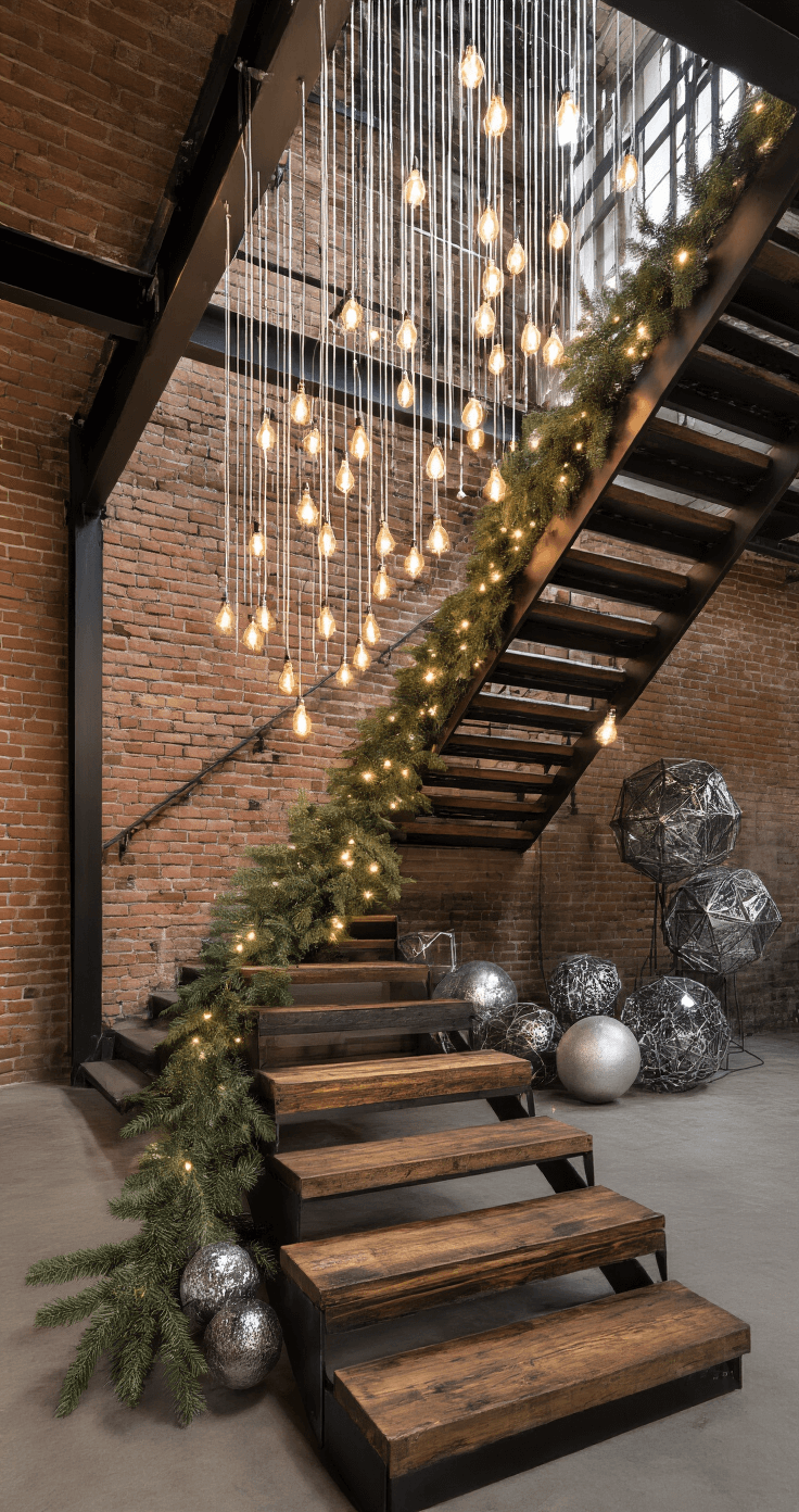 An industrial loft staircase with exposed brick walls, featuring metal and reclaimed wood steps adorned with a mixed evergreen installation, illuminated by Edison bulb light strands creating a vertical light curtain effect. Vintage mercury glass ornaments in silver and smoke tones, along with geometric metal sculptures, enhance the holiday display. The scene captures the full height of the staircase from across an open-plan space, showcasing moody ambient lighting and focused spotlights on key elements.