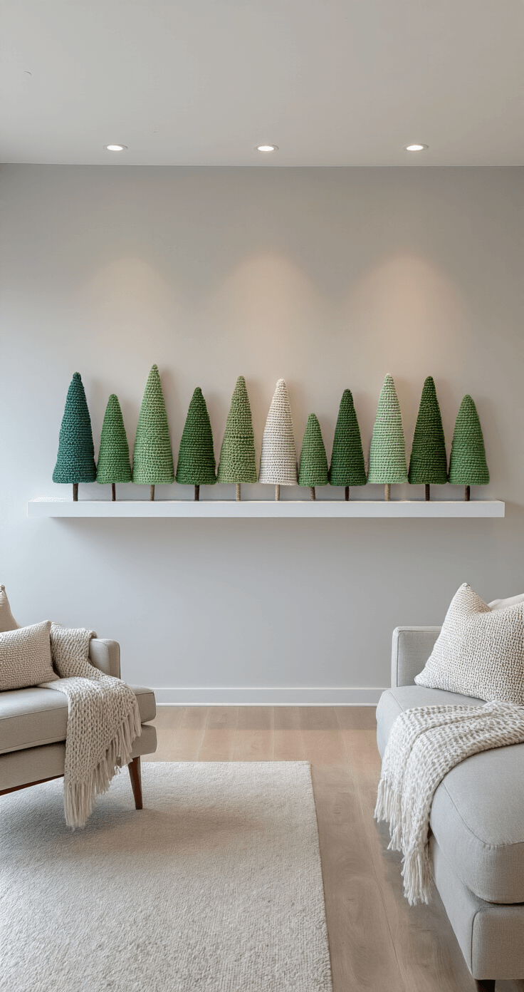 How to Create a Magical Crochet Christmas Tree: A Complete Guide for Crafters Modern minimalist living room at dusk featuring recessed lighting, a sleek white floating shelf with ombré green crochet tree ornaments mounted on natural linen, and contemporary neutral-toned furniture in a wide-angle corner shot.