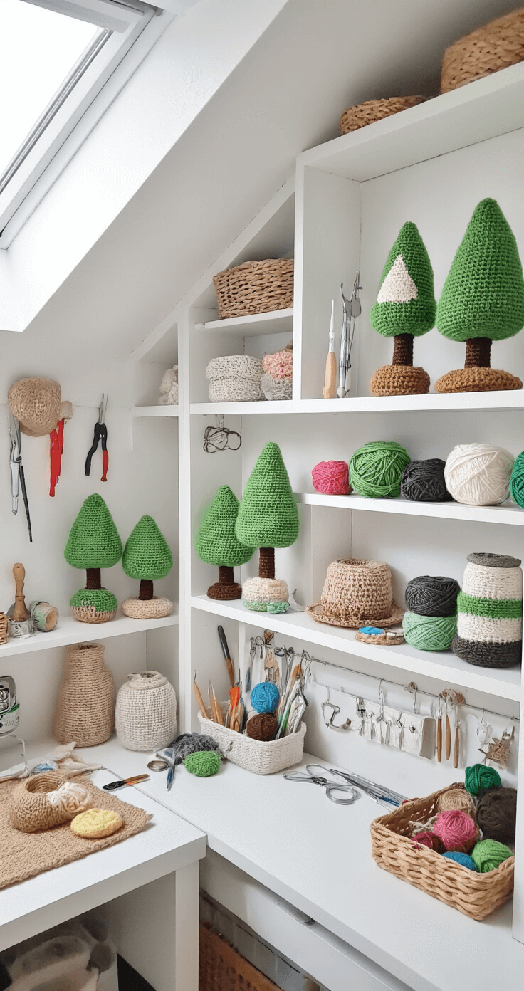 How to Create a Magical Crochet Christmas Tree: A Complete Guide for Crafters Bright craft studio corner featuring white built-in shelves displaying stages of crochet trees, with assorted hooks, yarns, and tools arranged alongside completed projects, all illuminated by natural daylight from a skylight.