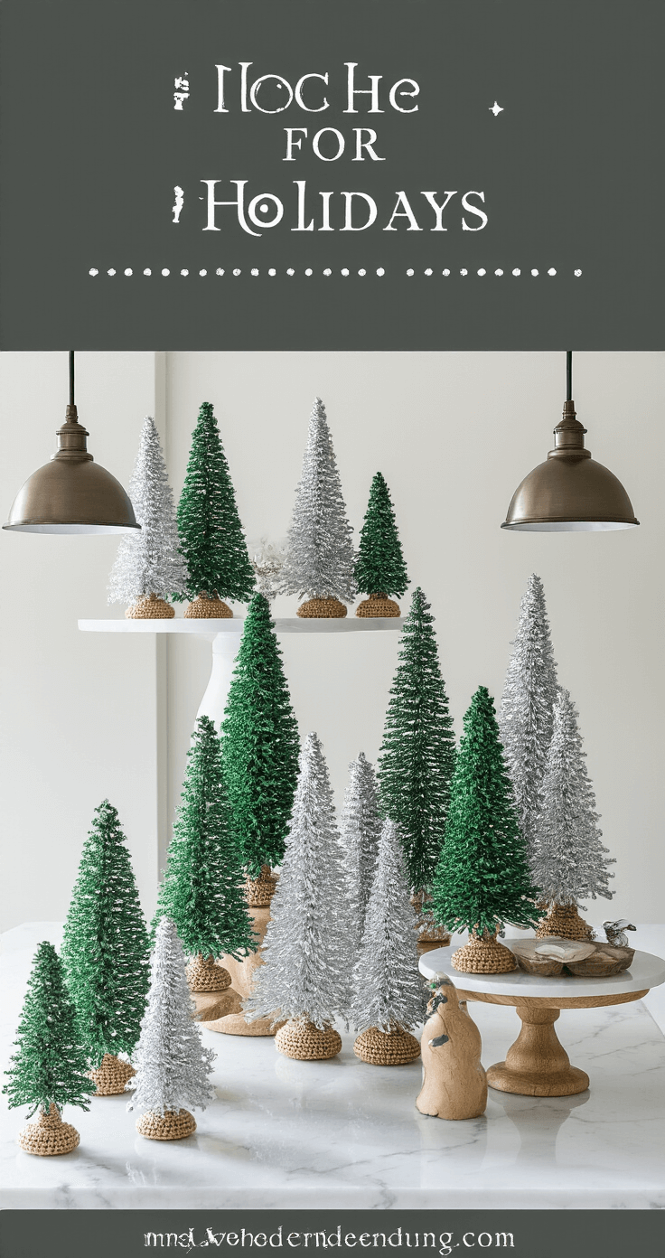 How to Create a Magical Crochet Christmas Tree: A Complete Guide for Crafters A bird's eye view of a contemporary holiday kitchen island featuring an array of miniature crochet trees in metallic green and silver yarns, displayed on elevated cake stands of varying heights. Overhead pendant lights cast dramatic shadows on the white marble surface, enhancing the festive arrangement.